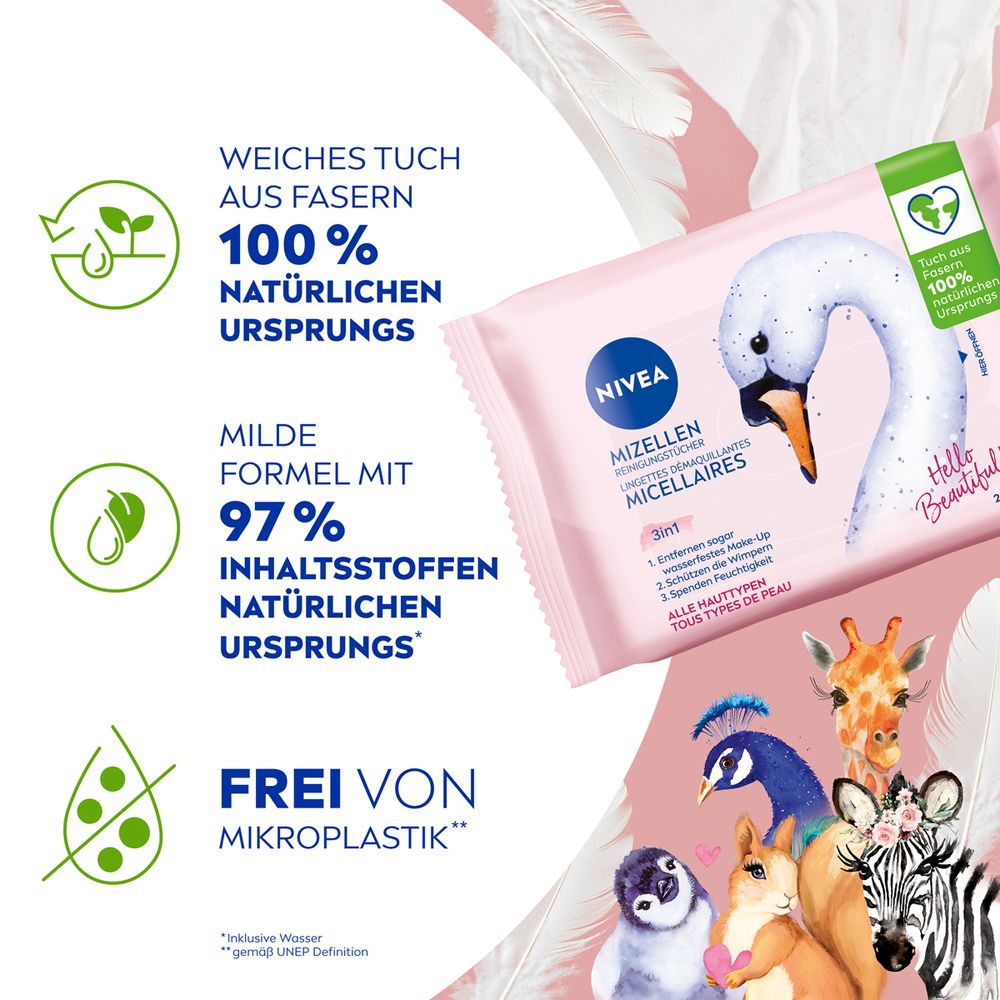 NIVEA Mizellen Reinigungstücher 3in1: 100% natürliche Fasern, milde Formel, frei von Mikroplastik.