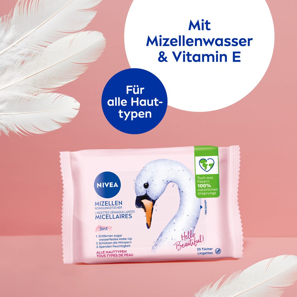 NIVEA Mizellen Reinigungstücher 3-in-1 mit Schwanenmotiv. Mit Mizellenwasser & Vitamin E.
