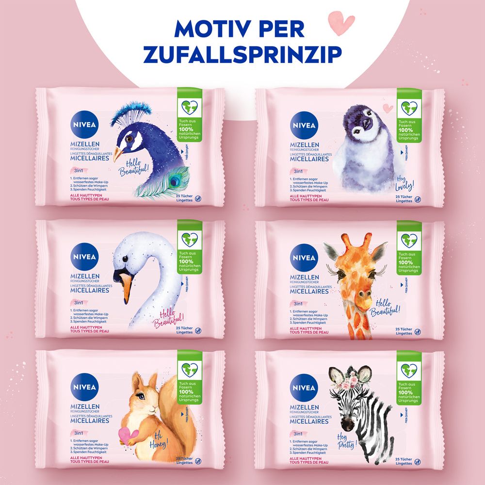 Sechs verschiedene Motive von NIVEA Mizellen Reinigungstüchern: Pfau, Pinguin, Schwan, Giraffe, Eichhörnchen, Zebra.