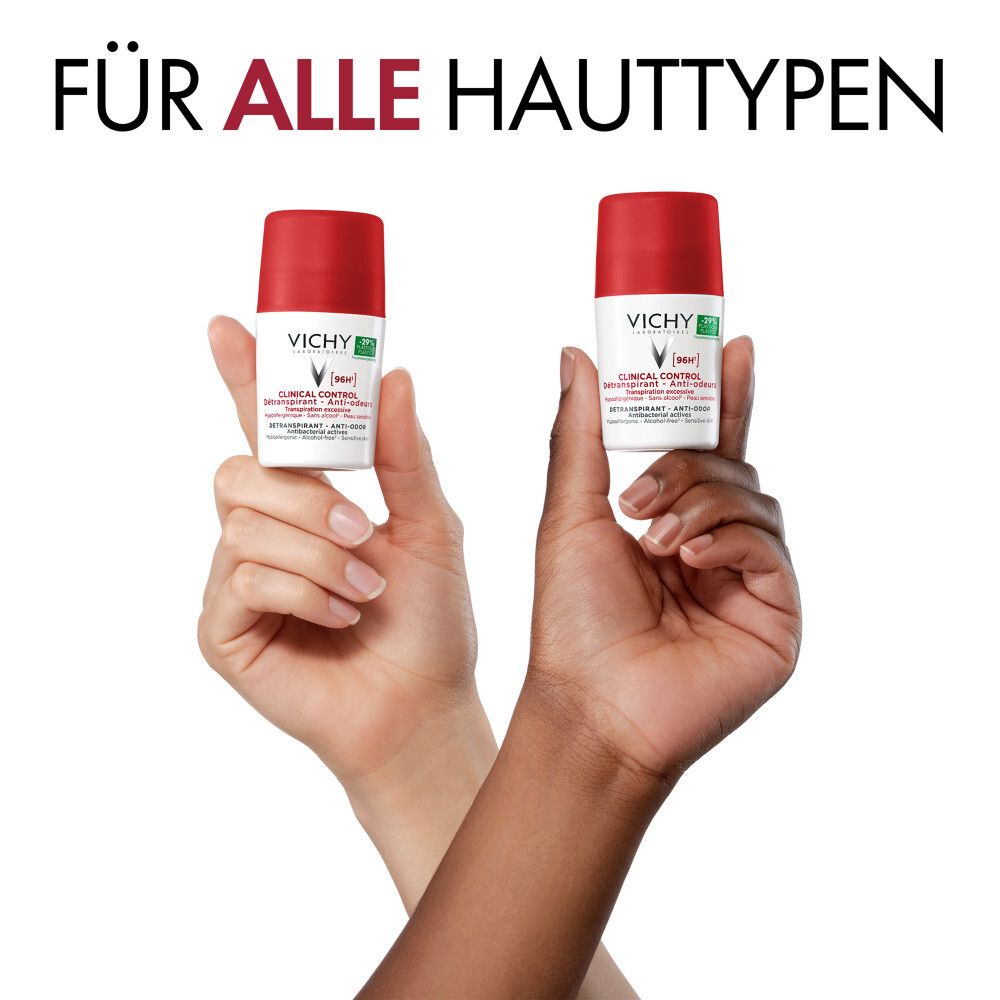 Zwei Hände halten je einen Roll-On. Text: Für alle Hauttypen. Vichy, Clinical Control.