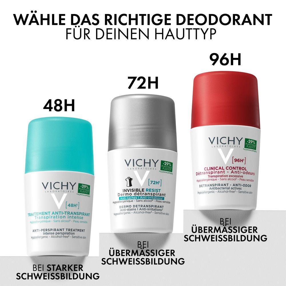 Drei Roll-Ons. Text: Wähle das richtige Deodorant. 48H, 72H, 96H. Vichy, Clinical Control.