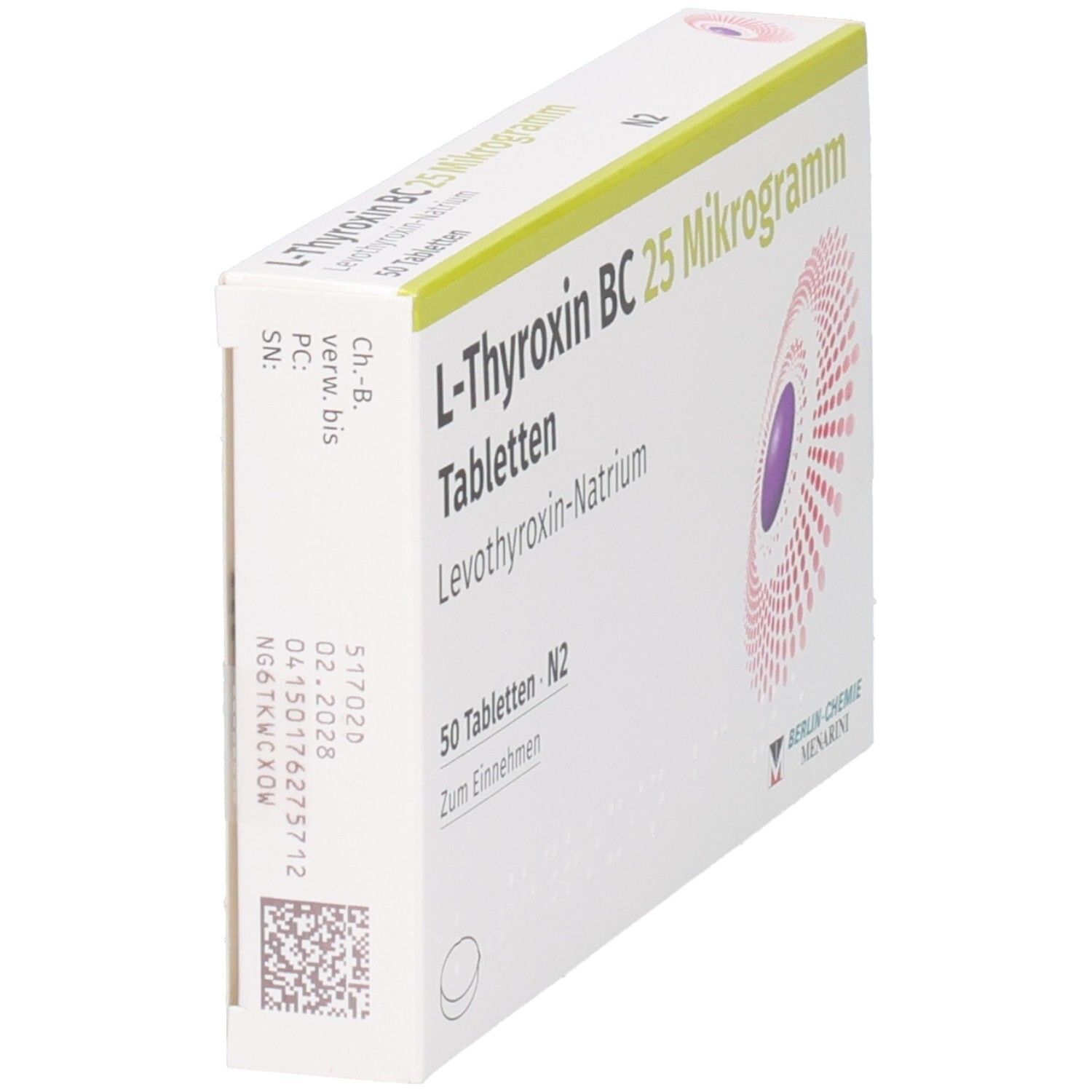 Schachtel L-Thyroxin BC 25 Mikrogramm Tabletten. Aufdruck: Levothyroxin-Natrium, 50 Tabletten. Herstellerlogo.