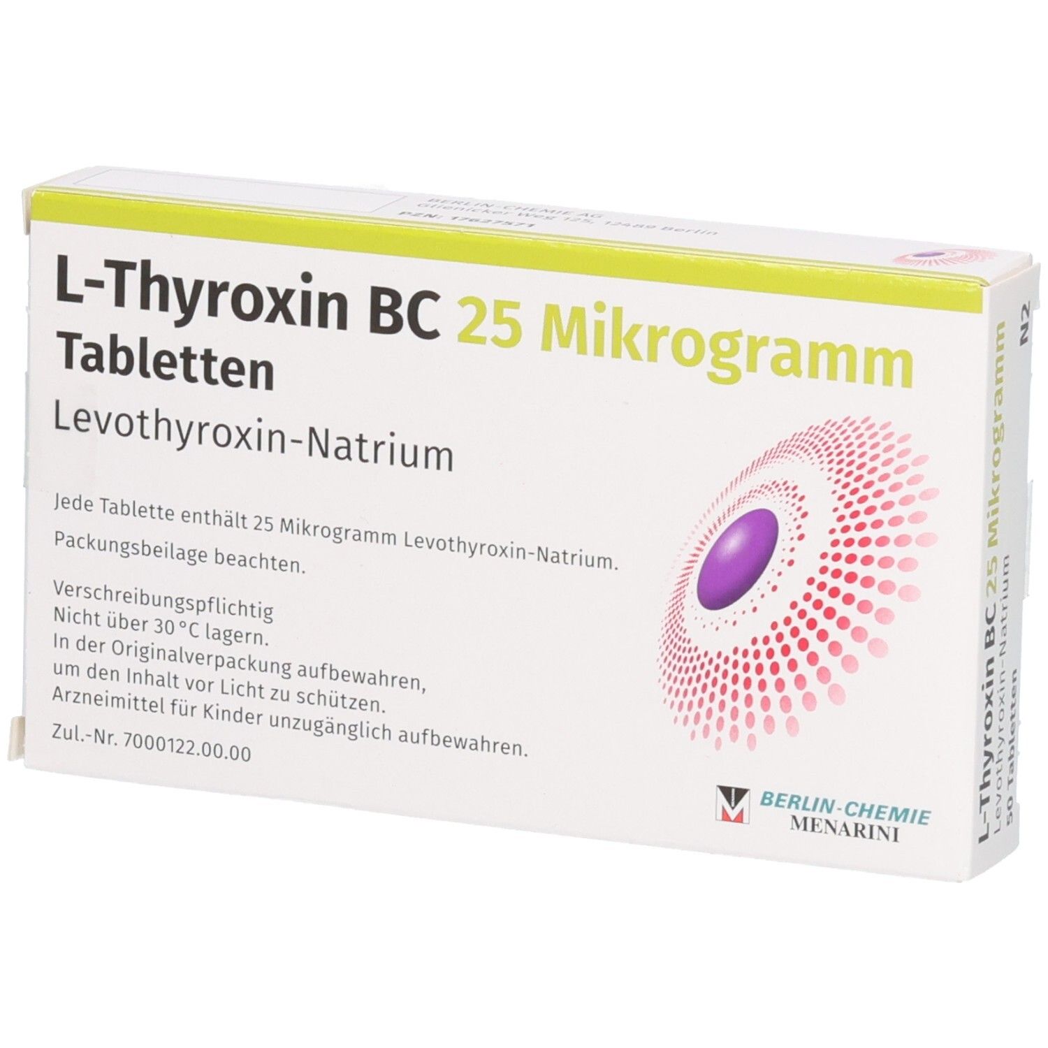 Schachtel L-Thyroxin BC 25 Mikrogramm Tabletten. Text: Levothyroxin-Natrium, 50 Tabletten. Herstellerlogo. Beipackzettel.