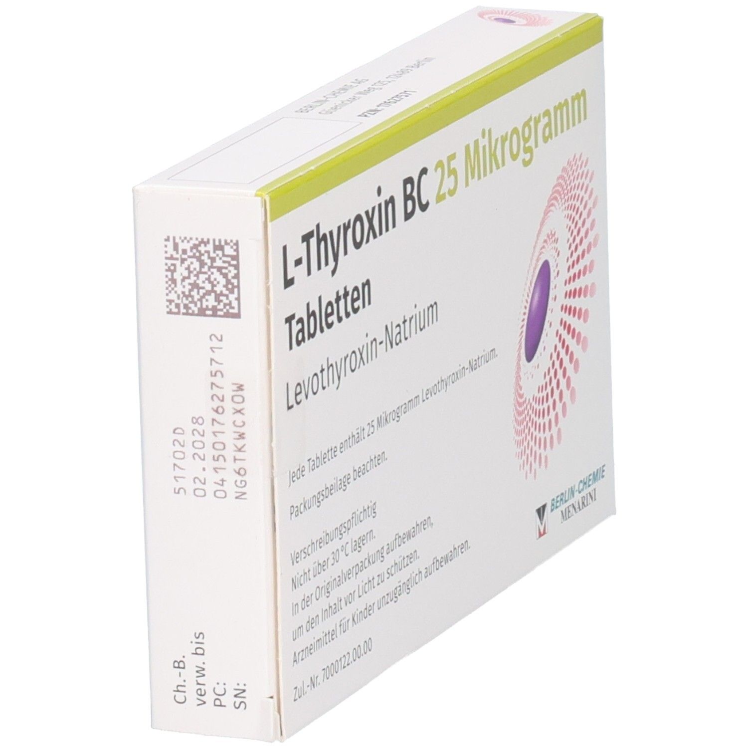 Schachtel L-Thyroxin BC 25 Mikrogramm Tabletten. Aufdruck: Levothyroxin-Natrium, 50 Tabletten. Herstellerlogo. Datumsangaben.