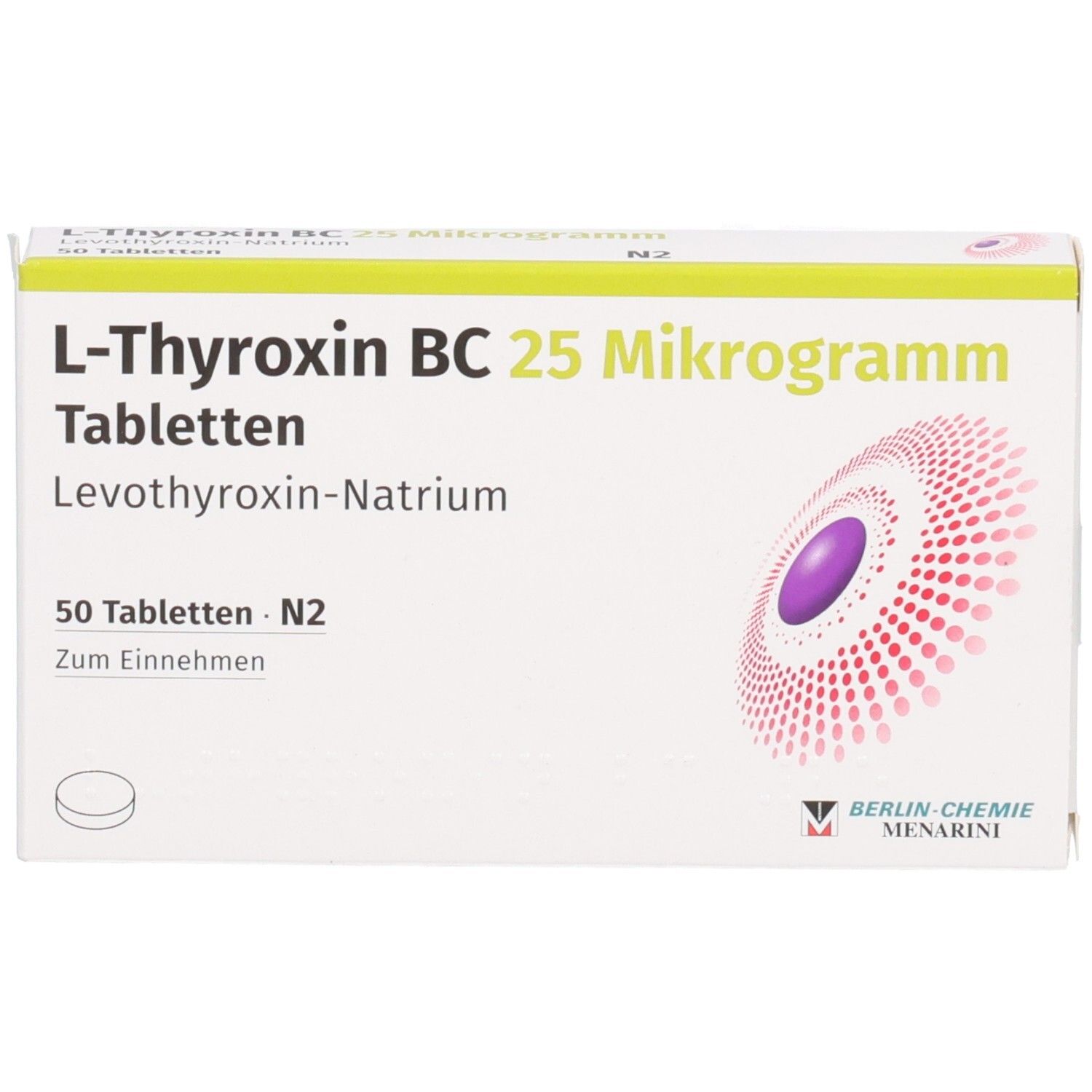 Schachtel L-Thyroxin BC 25 Mikrogramm Tabletten. Aufdruck: Levothyroxin-Natrium, 50 Tabletten. Herstellerlogo. Zum Einnehmen.