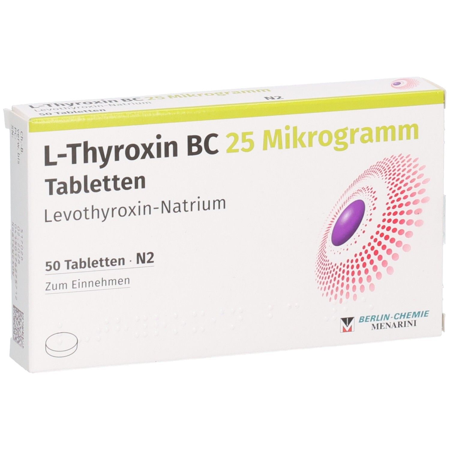 Schachtel L-Thyroxin BC 25 Mikrogramm Tabletten. Aufdruck: Levothyroxin-Natrium, 50 Tabletten. Herstellerlogo. Zum Einnehmen.