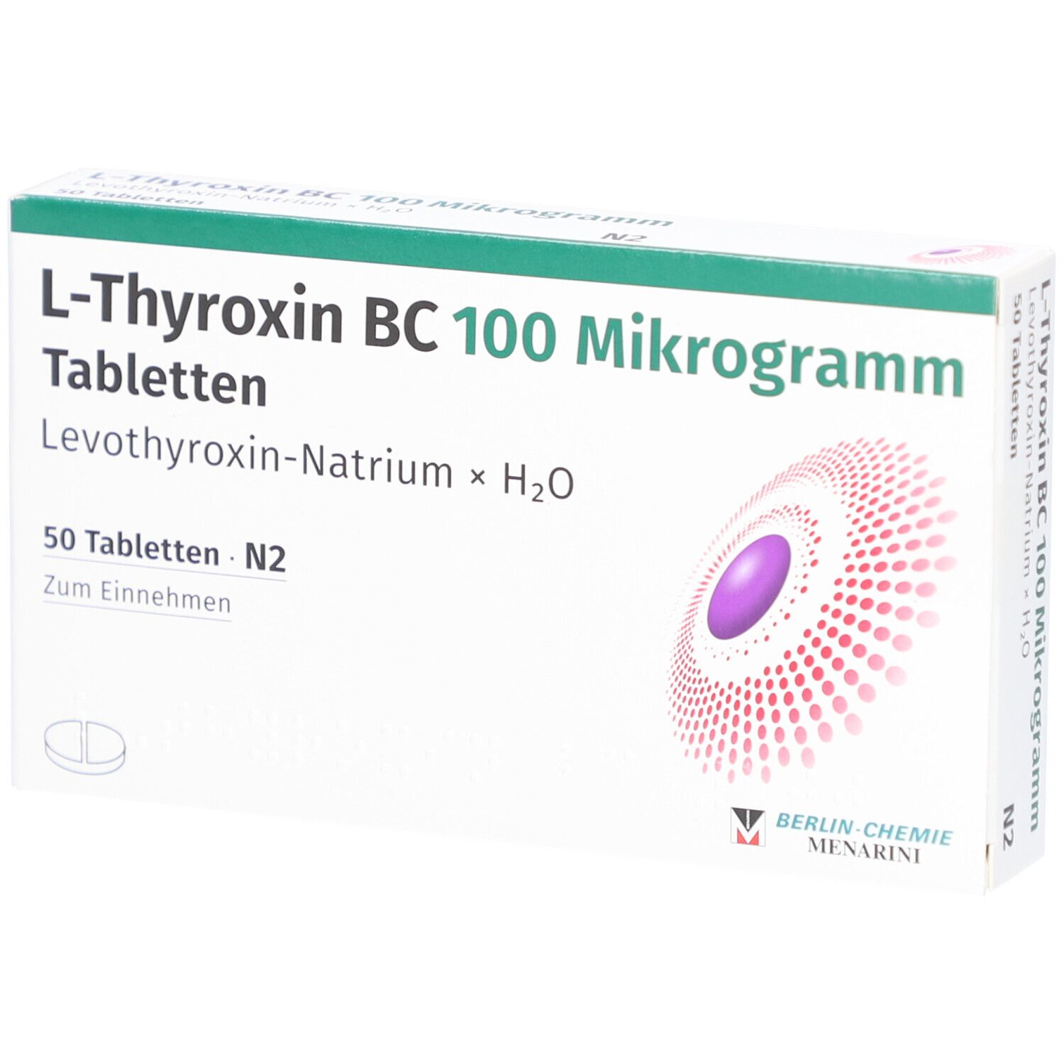 Schachtel L-Thyroxin BC 100 Mikrogramm Tabletten. 50 Tabletten. Berlin-Chemie Menarini Logo. Weiße Verpackung mit grünen und roten Akzenten.
