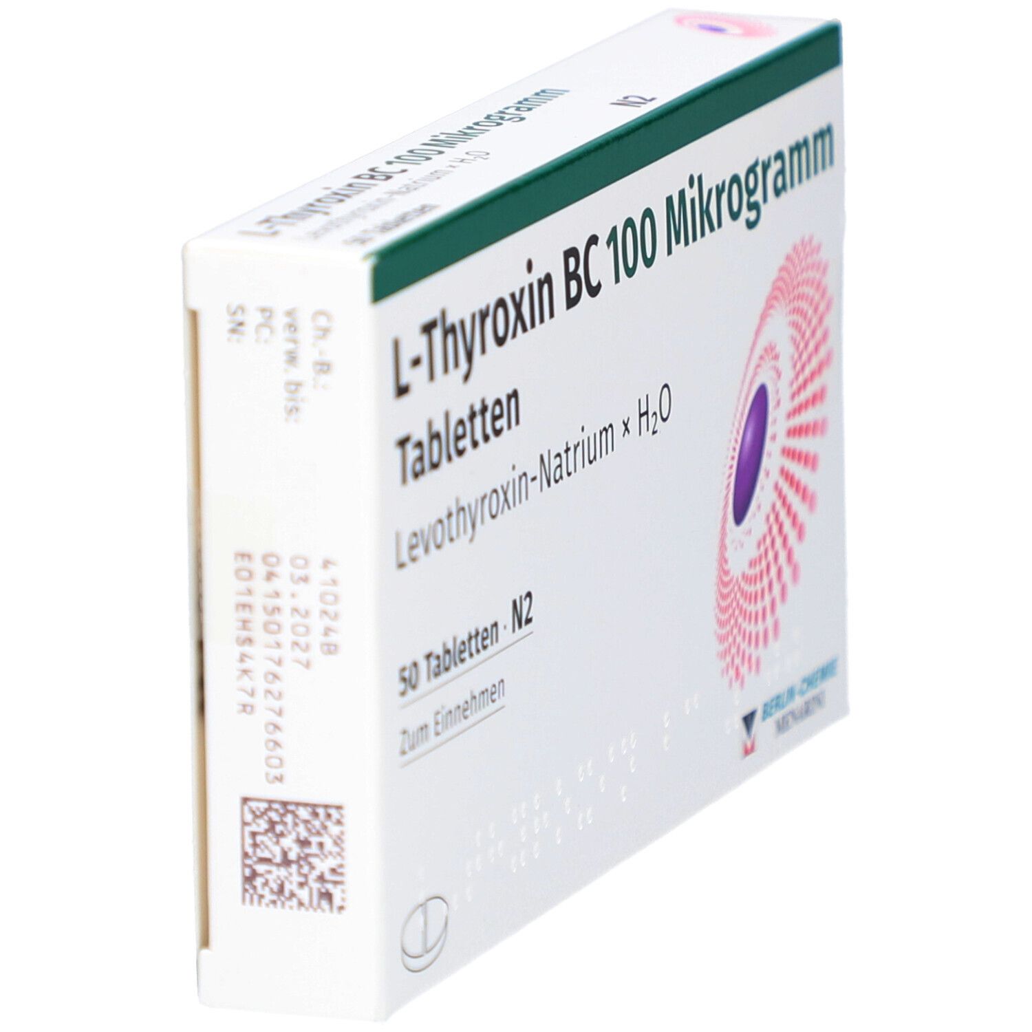 Schachtel L-Thyroxin BC 100 Mikrogramm Tabletten. Seitenansicht. Berlin-Chemie Menarini Logo. Weiße Verpackung mit grünen und roten Akzenten.