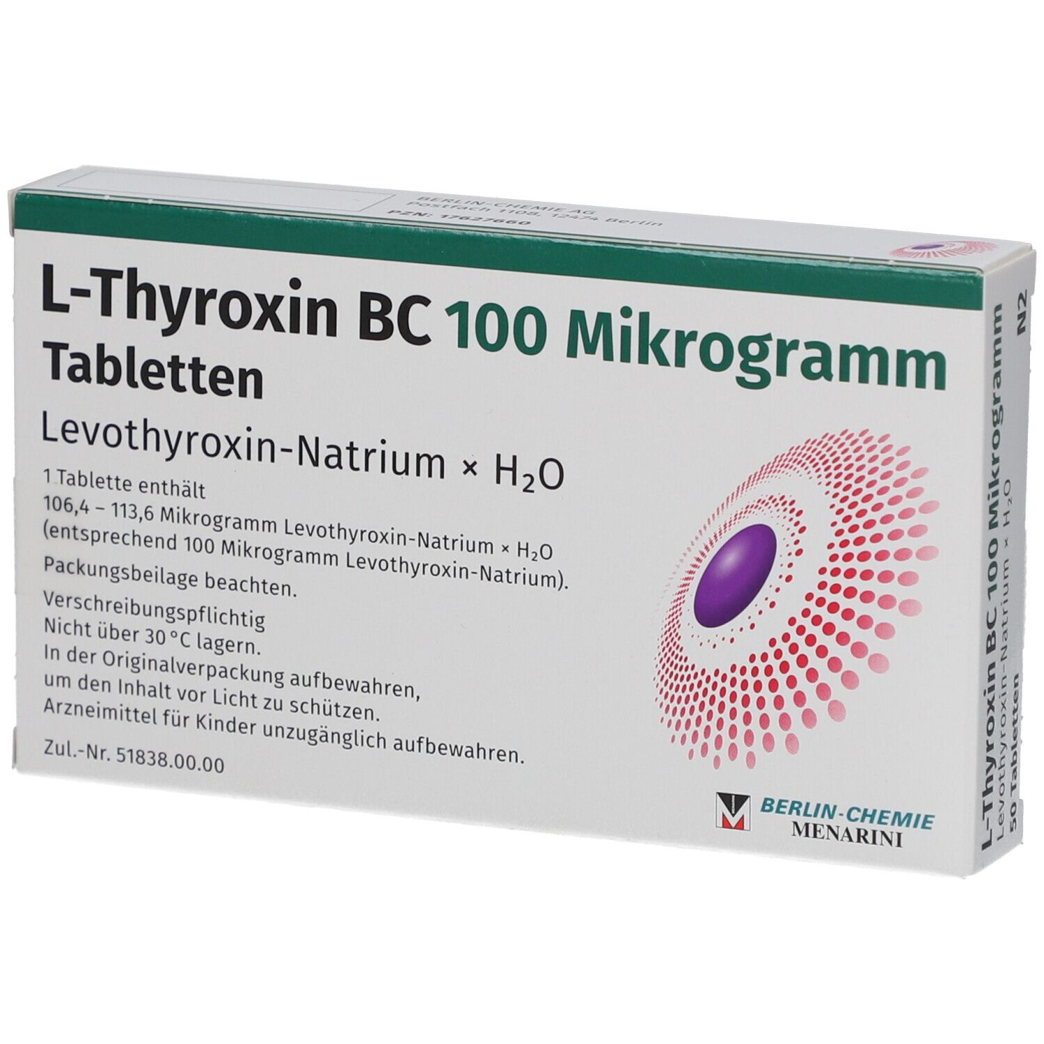 Schachtel L-Thyroxin BC 100 Mikrogramm Tabletten. Textinformationen. Berlin-Chemie Menarini Logo. Weiße Verpackung mit grünen und roten Akzenten.