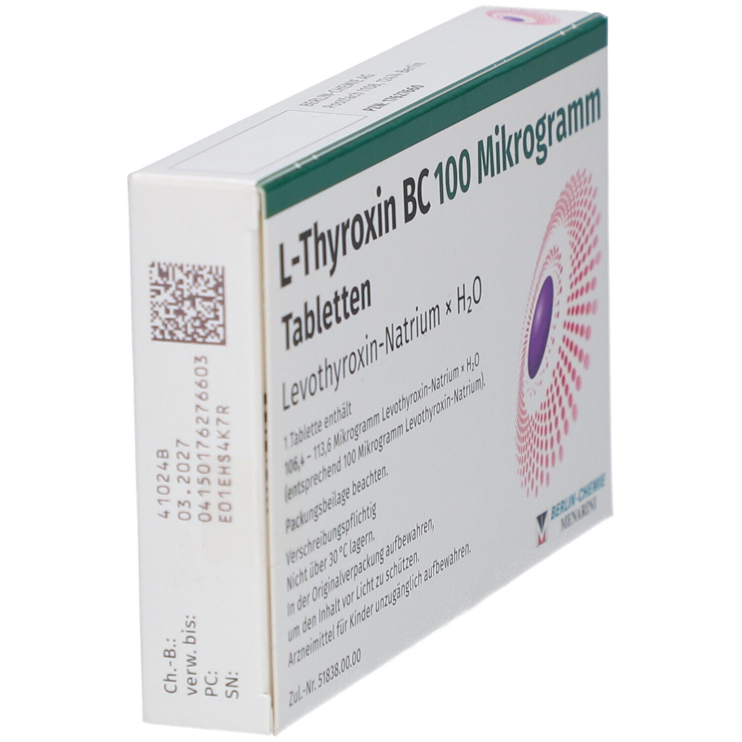 Schachtel L-Thyroxin BC 100 Mikrogramm Tabletten. Seitenansicht. Textinformationen. Berlin-Chemie Menarini Logo. Weiße Verpackung.