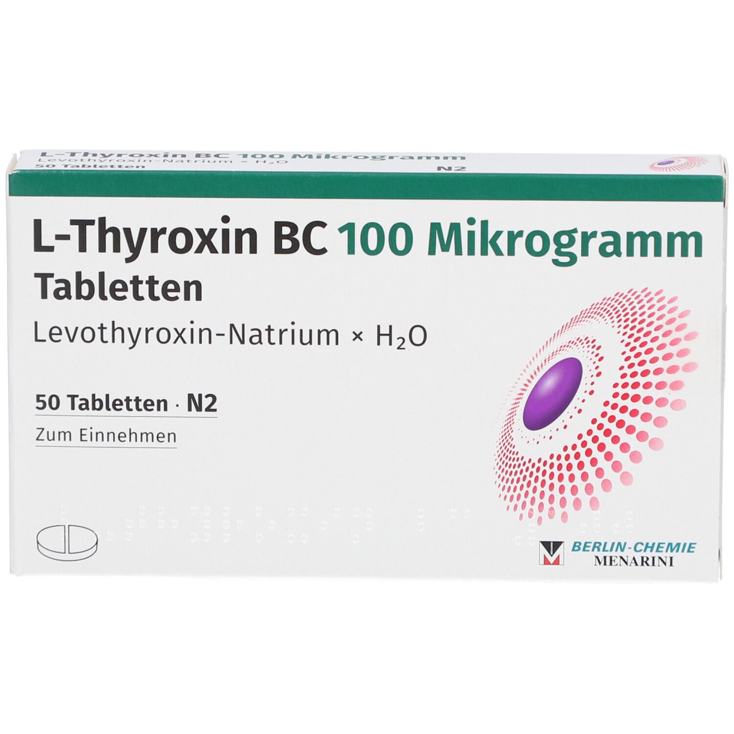 Schachtel L-Thyroxin BC 100 Mikrogramm Tabletten. 50 Tabletten. Berlin-Chemie Menarini Logo. Weiße Verpackung mit grünen und roten Akzenten.