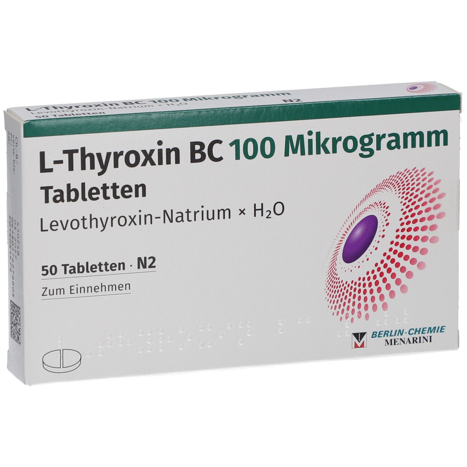 Schachtel L-Thyroxin BC 100 Mikrogramm Tabletten. 50 Tabletten. Berlin-Chemie Menarini Logo. Weiße Verpackung mit grünen und roten Akzenten.