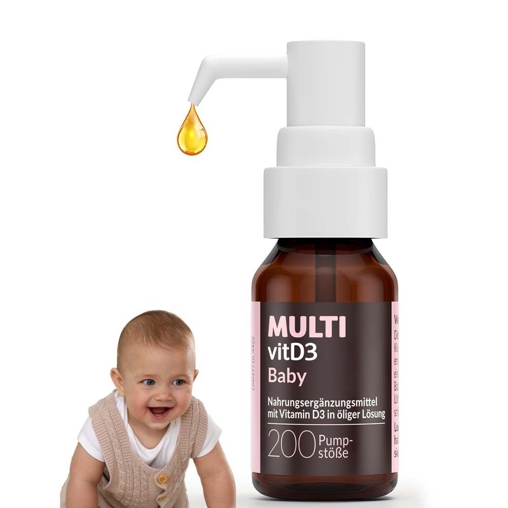Braune Flasche mit weißem Pumpkopf. Gelber Tropfen. Baby im Hintergrund.