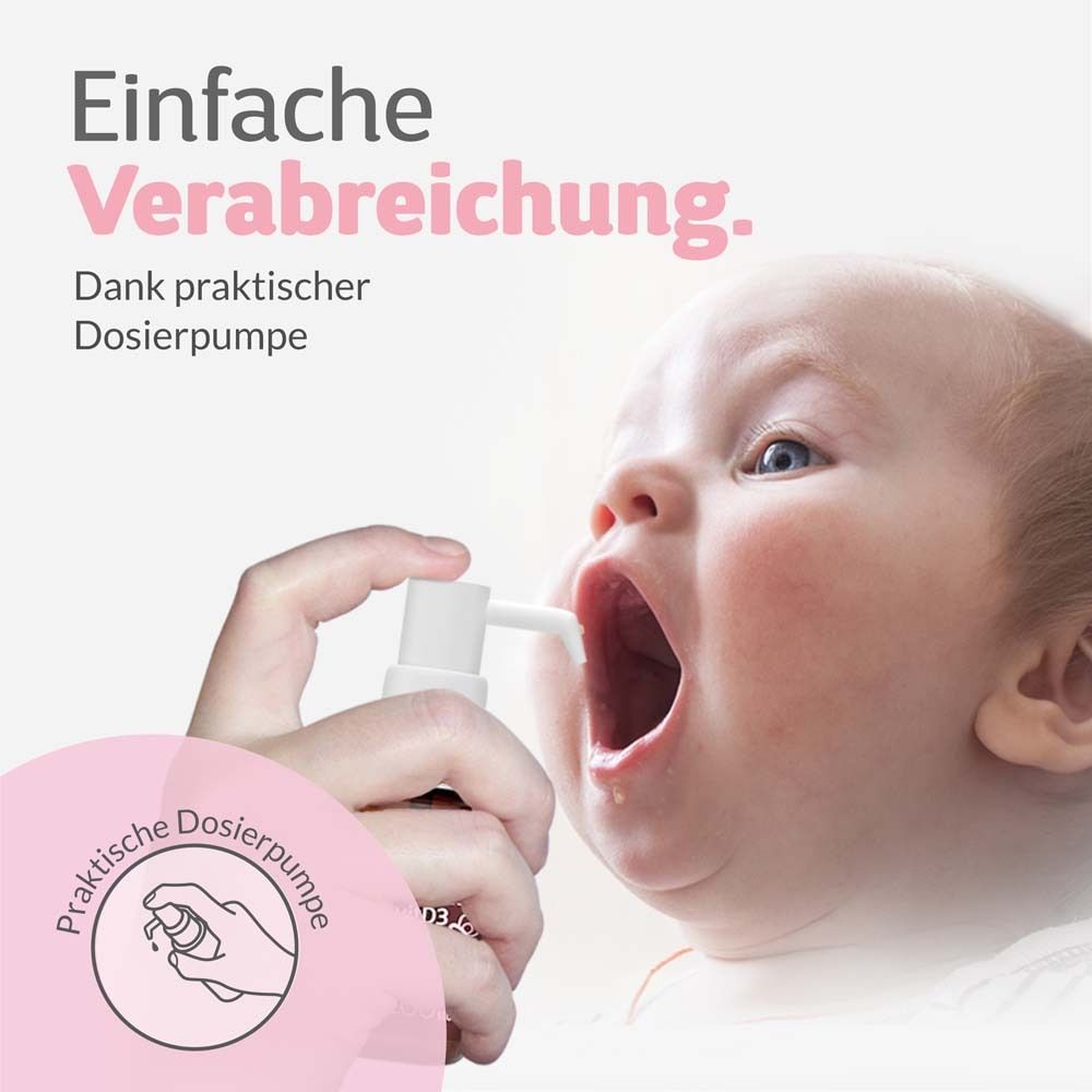 Braune Flasche mit weißem Pumpkopf. Baby bekommt Tropfen in den Mund. Text: Einfache Verabreichung.