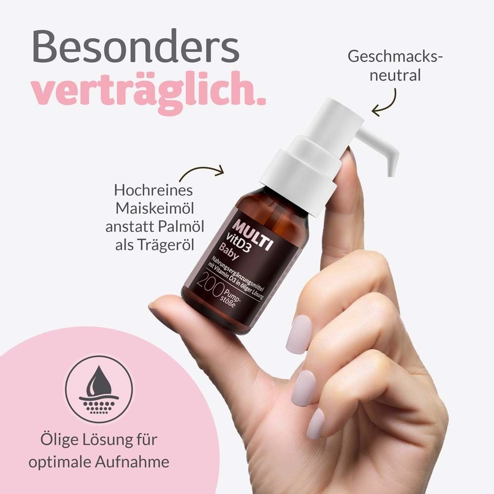 Braune Flasche mit weißem Pumpkopf. Hand hält Flasche. Text: Besonders verträglich. Geschmacksneutral.