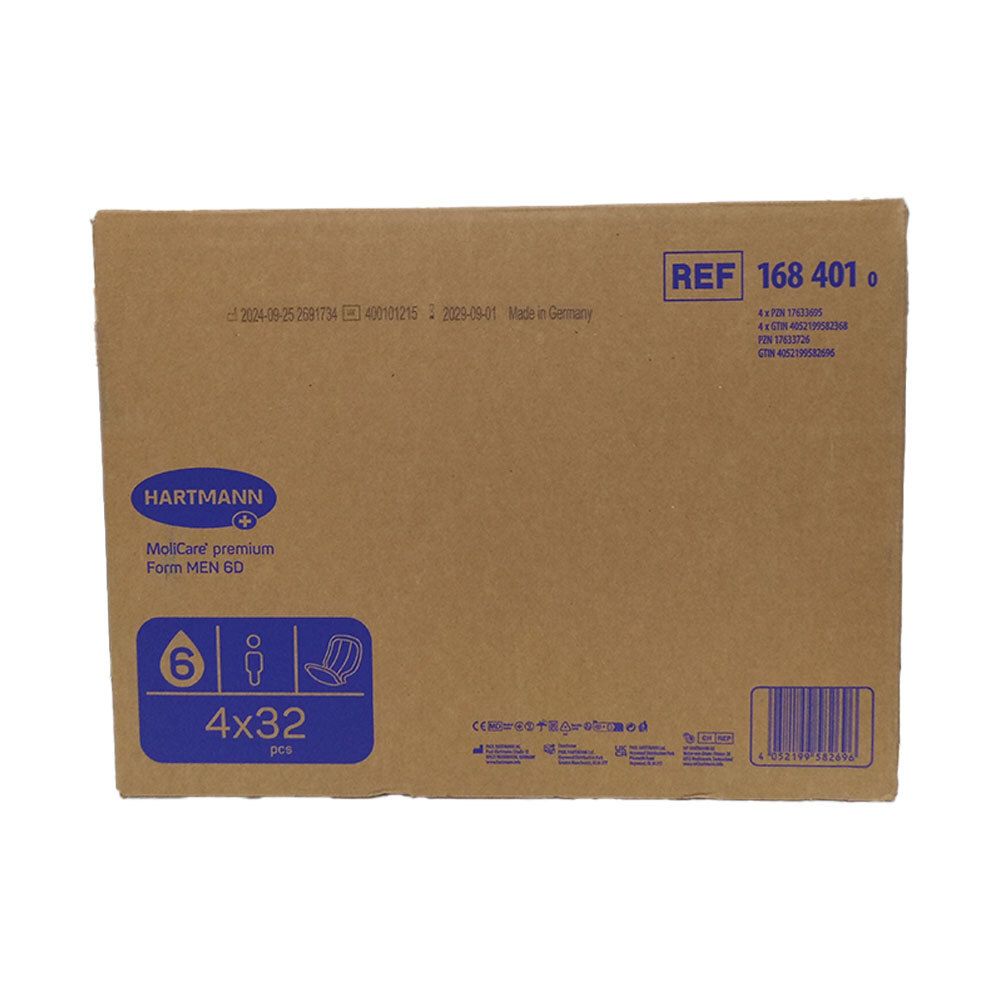 Kartonverpackung. Hartmann MoliCare Premium Form MEN 6 Tropfen. Blaue Symbole: 6 Stück, 4x32. REF 168 401 0.