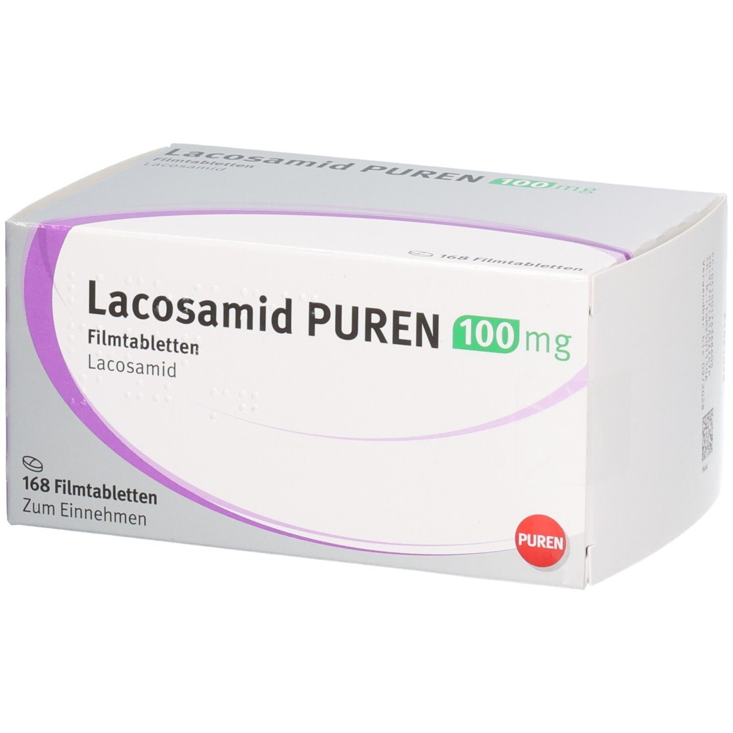 Packung Lacosamid PUREN 100 mg Filmtabletten, 168 Stück.