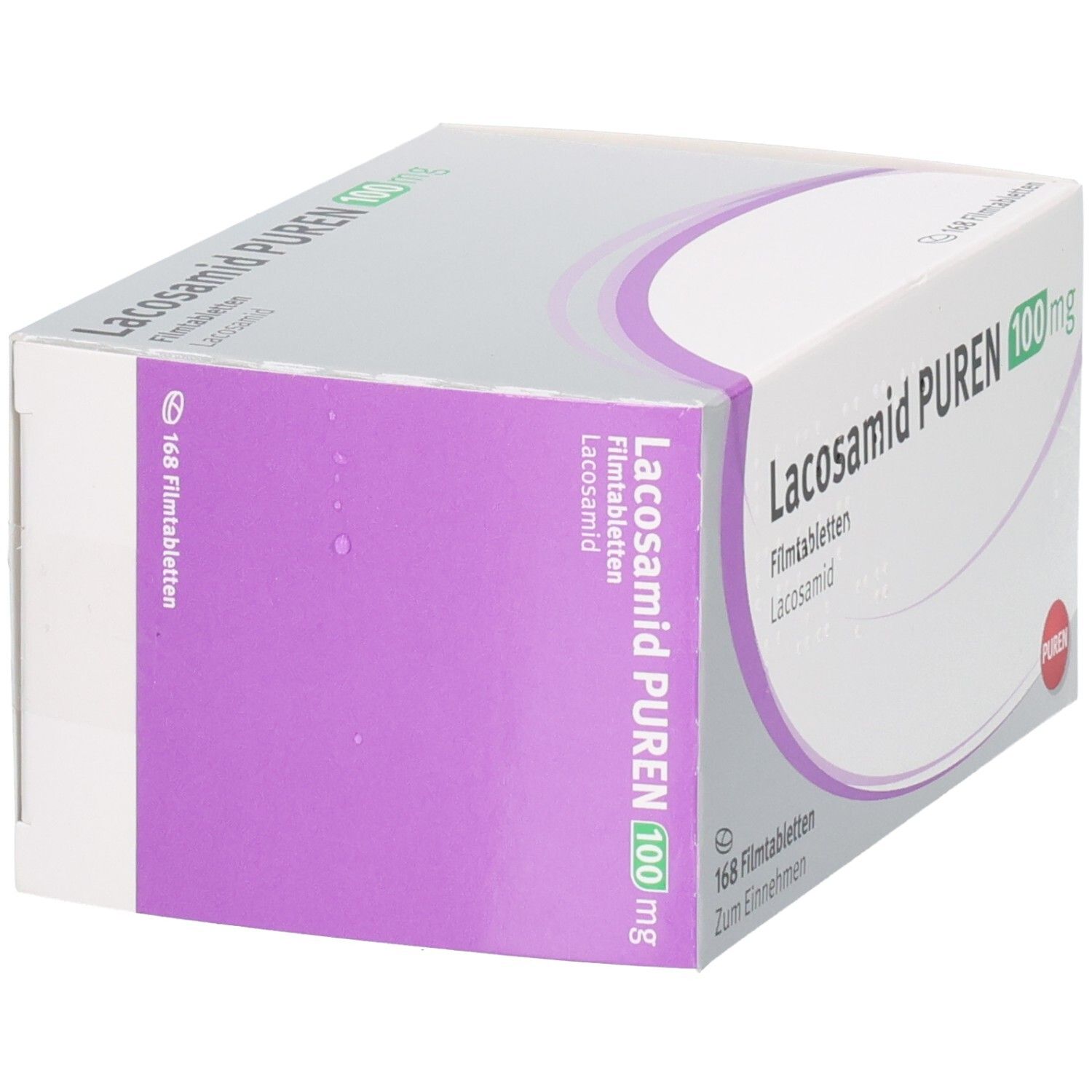 Packung Lacosamid PUREN 100 mg Filmtabletten, 168 Stück, Seitenansicht.