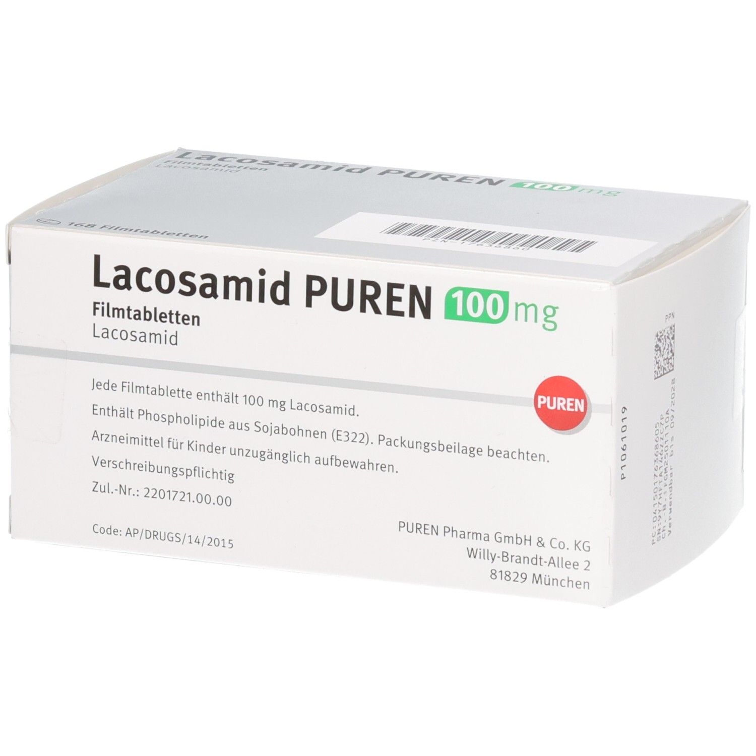 Rückseite der Packung Lacosamid PUREN 100 mg Filmtabletten mit Produktinformationen.