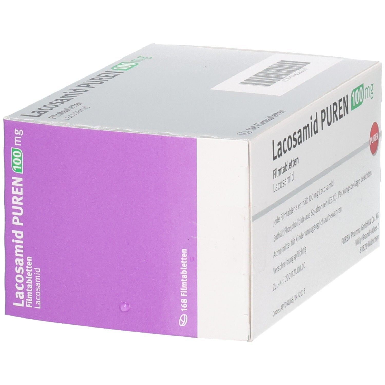Packung Lacosamid PUREN 100 mg Filmtabletten, 168 Stück, schräge Seitenansicht.