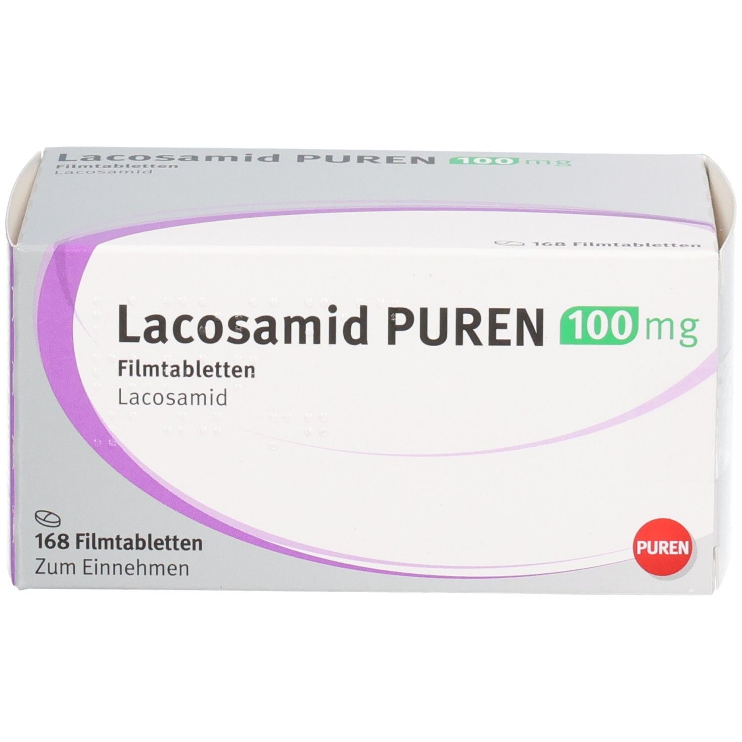 Packung Lacosamid PUREN 100 mg Filmtabletten, 168 Stück, Vorderansicht.