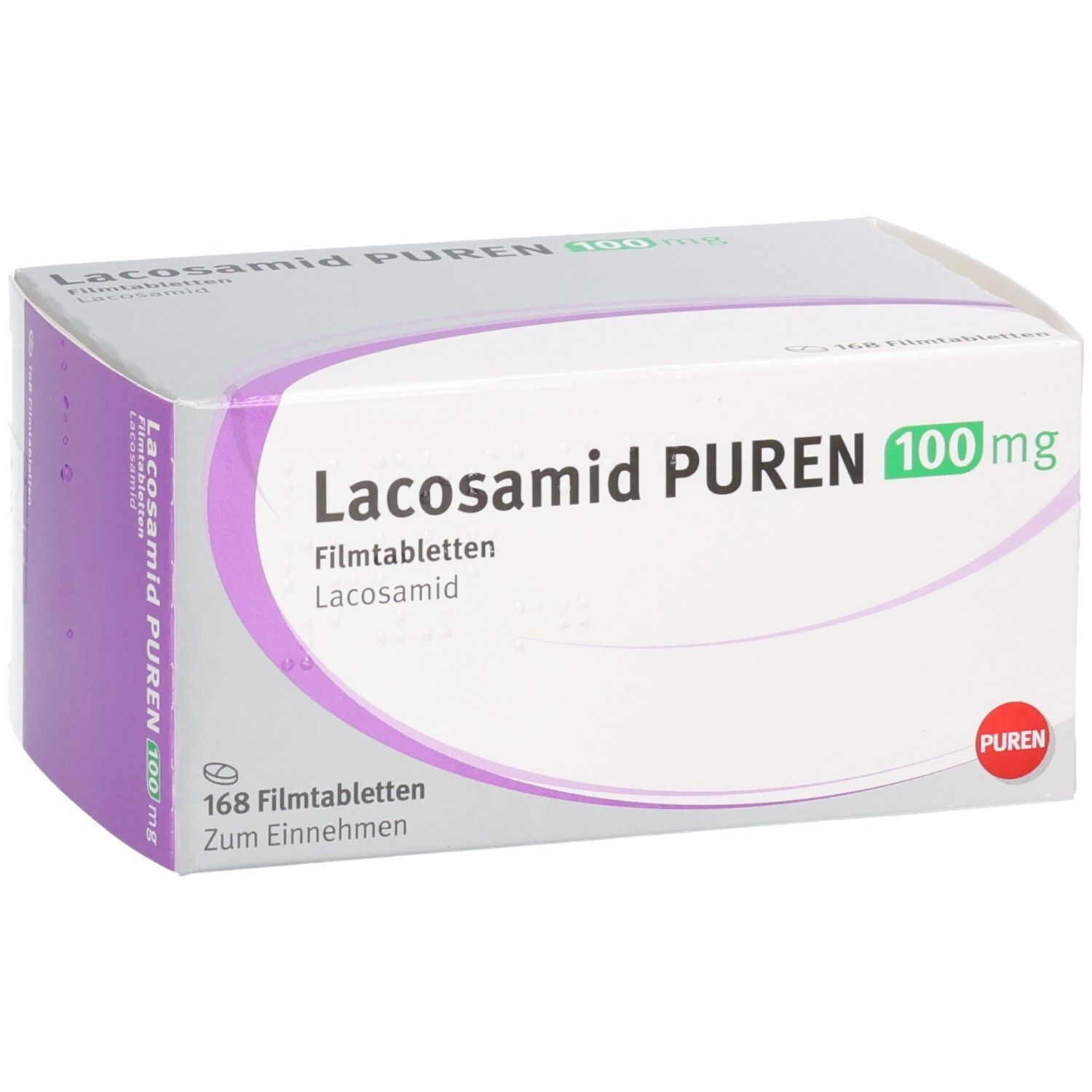 Packung Lacosamid PUREN 100 mg Filmtabletten, 168 Stück, schräge Vorderansicht.