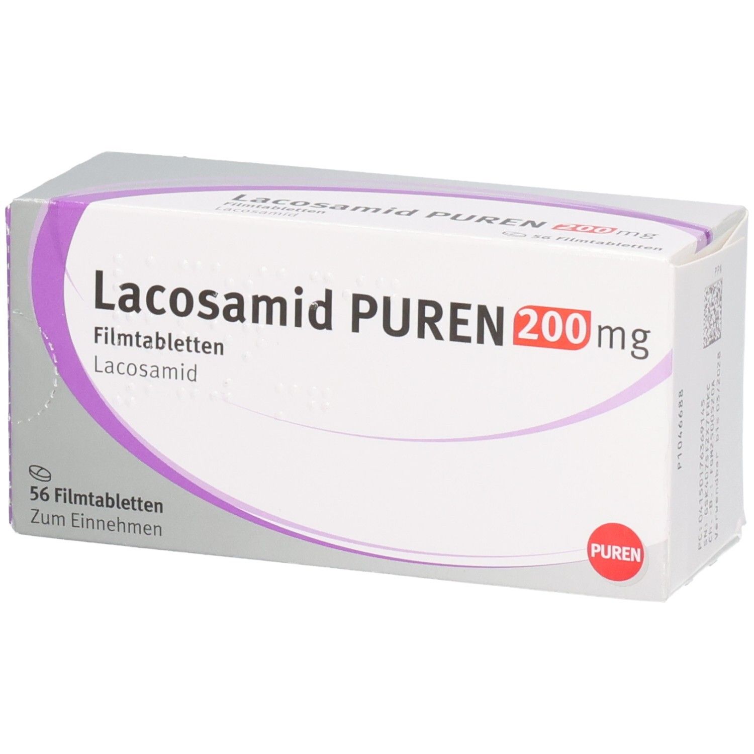 Schachtel mit LACOSAMID PUREN 200 mg Filmtabletten. Aufschrift: 56 Filmtabletten. PUREN-Logo. Lila und weiße Verpackung.
