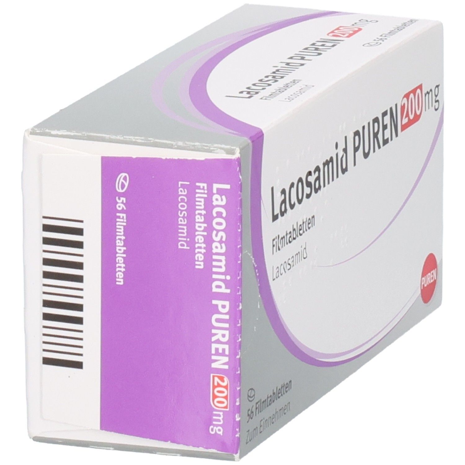 Schachtel LACOSAMID PUREN 200 mg Filmtabletten. Seitenansicht. Aufschrift: 56 Filmtabletten. PUREN-Logo. Lila und weiße Verpackung.