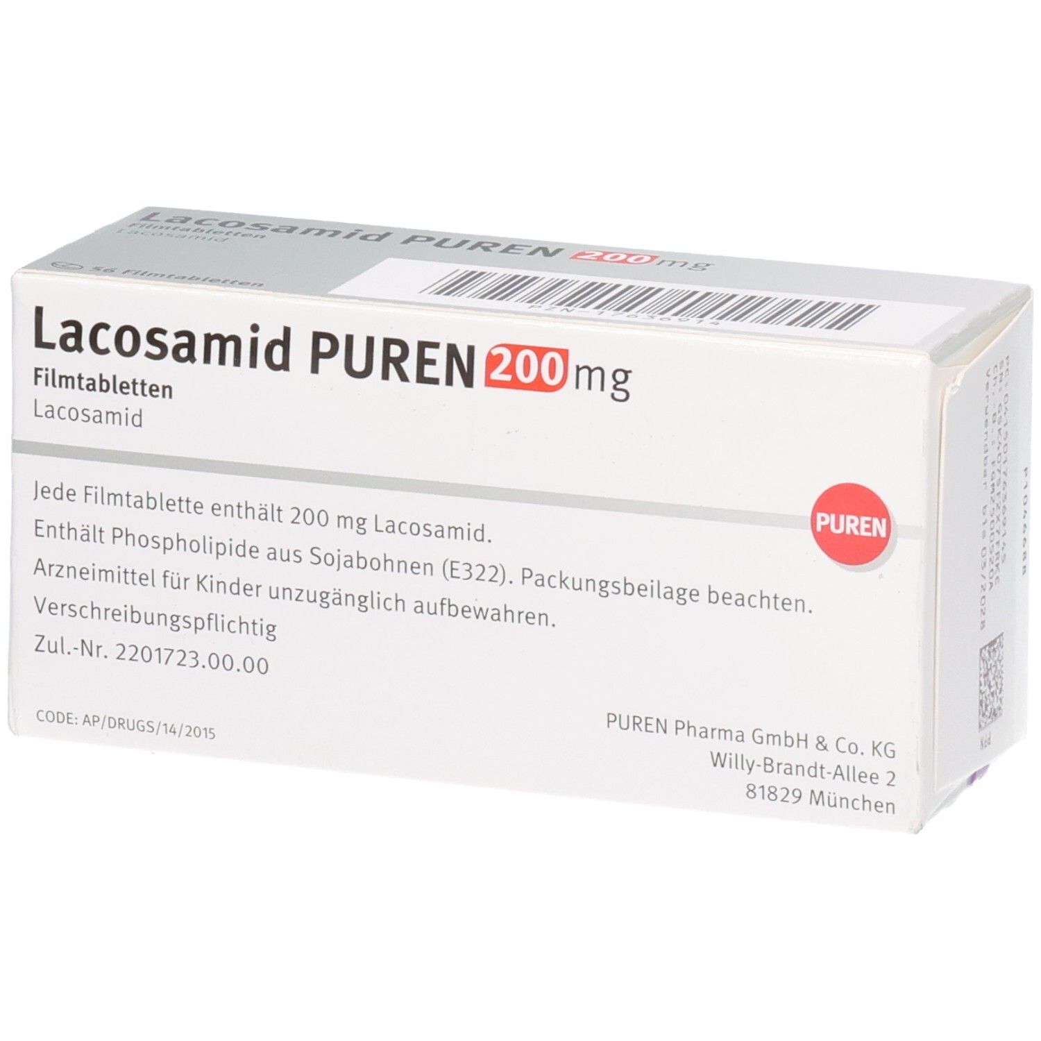 Schachtel LACOSAMID PUREN 200 mg Filmtabletten. Aufschrift: 56 Filmtabletten. PUREN-Logo. Enthält 200 mg Lacosamid. Weiße Verpackung.