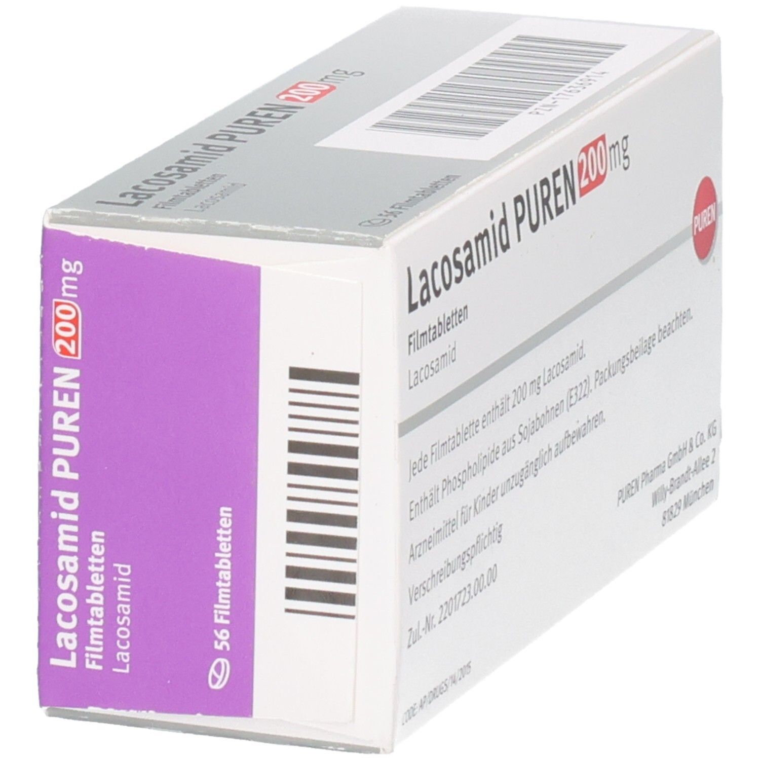 Schachtel LACOSAMID PUREN 200 mg Filmtabletten. Seitenansicht. Aufschrift: 56 Filmtabletten. PUREN-Logo. Weiße Verpackung.