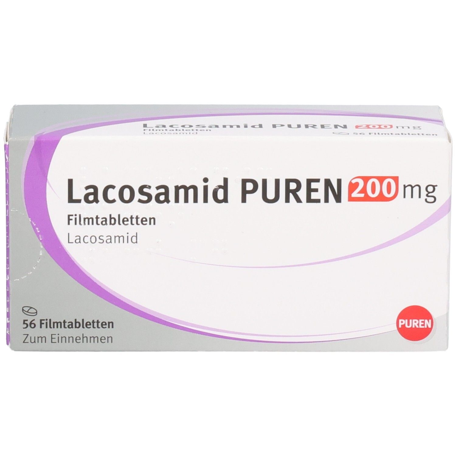 Schachtel LACOSAMID PUREN 200 mg Filmtabletten. Aufschrift: 56 Filmtabletten. PUREN-Logo. Lila und weiße Verpackung.