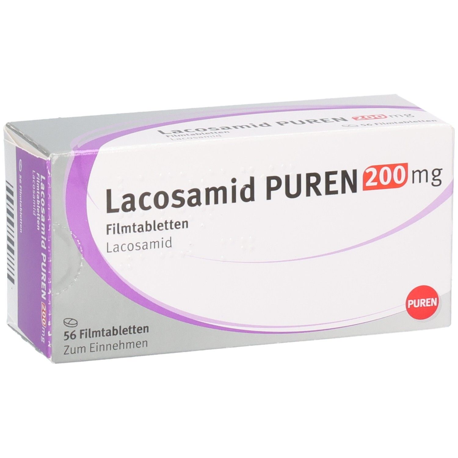 Schachtel LACOSAMID PUREN 200 mg Filmtabletten. Aufschrift: 56 Filmtabletten. PUREN-Logo. Lila und weiße Verpackung.
