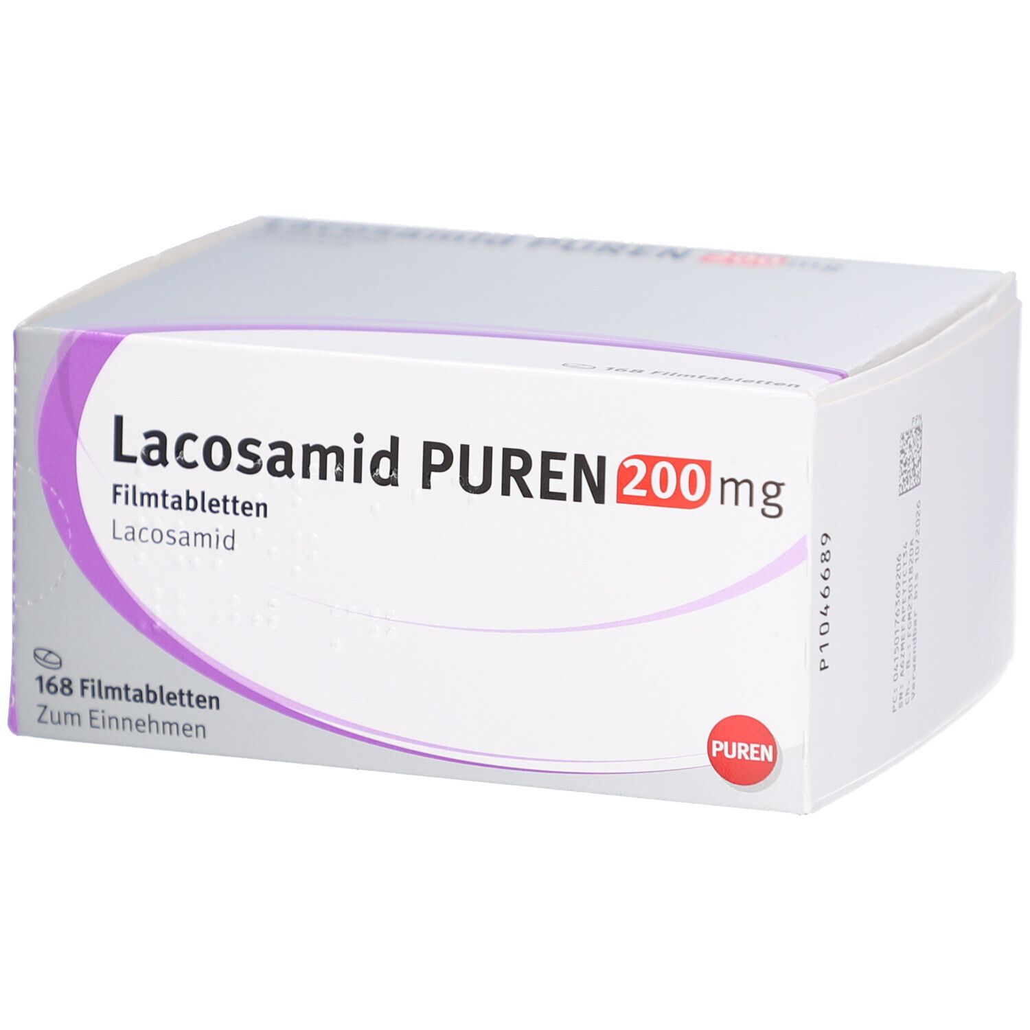 Schachtel mit LACOSAMID PUREN 200 mg Filmtabletten. Aufschrift: 168 Filmtabletten, Zum Einnehmen. PUREN Logo.