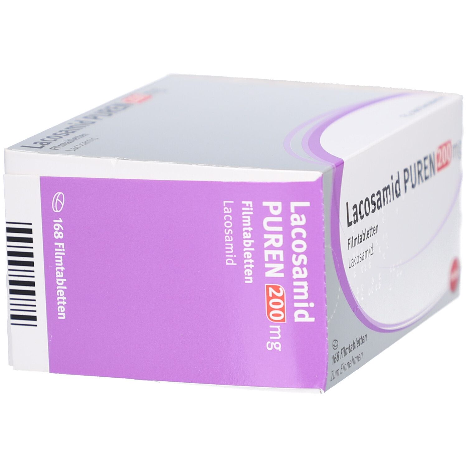 Schachtel LACOSAMID PUREN 200 mg Filmtabletten. Aufschrift: 168 Filmtabletten. Lila und graue Farbgebung. PUREN Logo.
