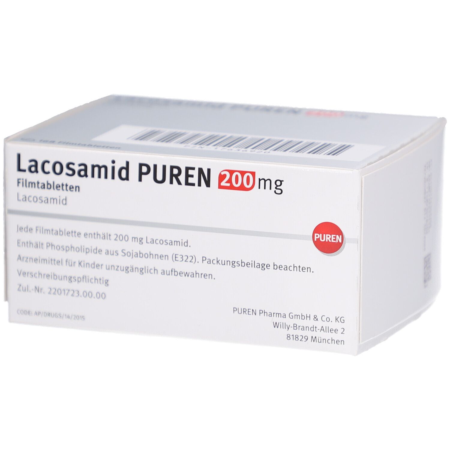 Schachtel LACOSAMID PUREN 200 mg Filmtabletten. Enthält Informationen und PUREN Logo. Weiße Schachtel.