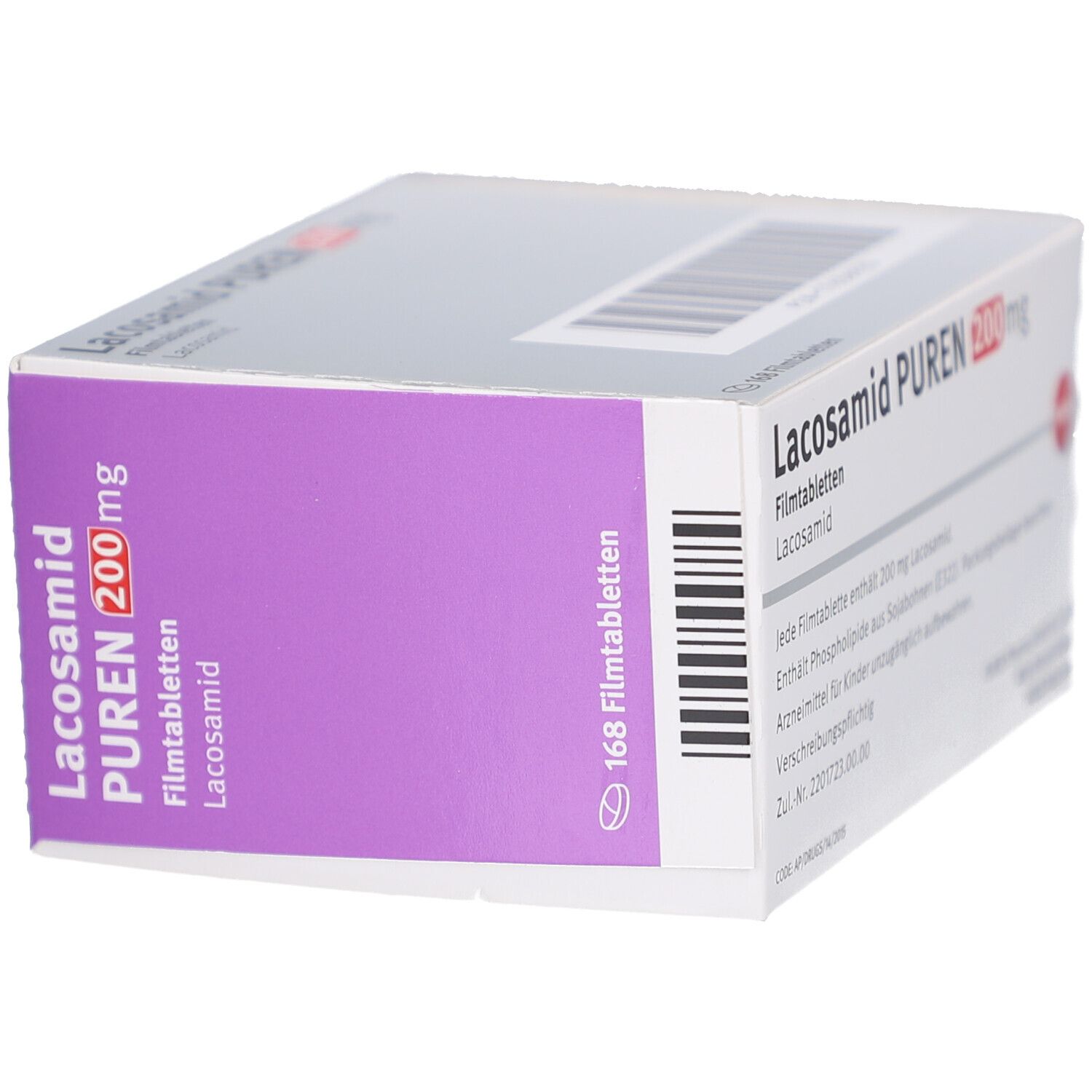 Schachtel LACOSAMID PUREN 200 mg Filmtabletten. Aufschrift: 168 Filmtabletten. Lila und graue Farbgebung.
