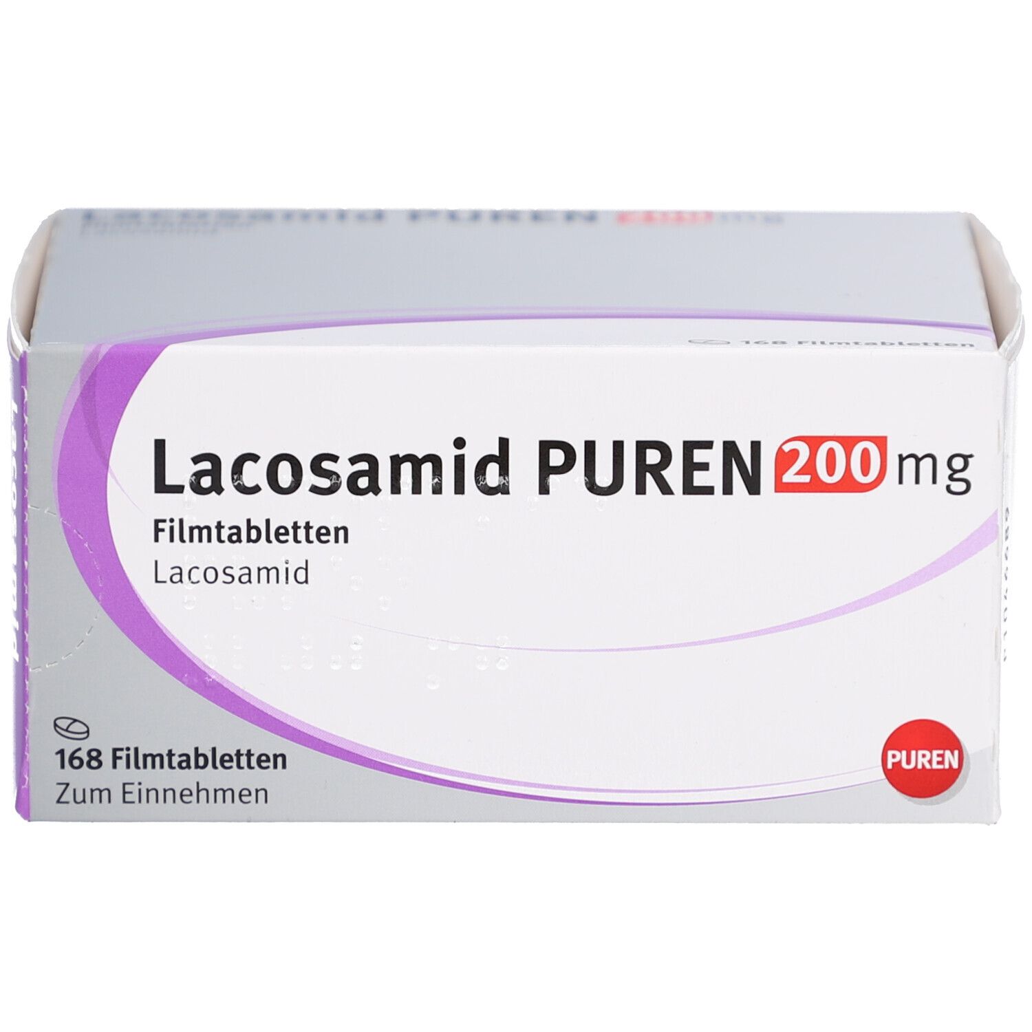 Schachtel LACOSAMID PUREN 200 mg Filmtabletten. Aufschrift: 168 Filmtabletten, Zum Einnehmen. PUREN Logo.