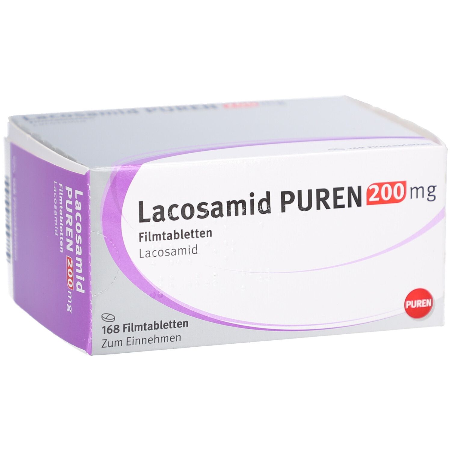 Schachtel LACOSAMID PUREN 200 mg Filmtabletten. Aufschrift: 168 Filmtabletten, Zum Einnehmen. Lila und graue Farbgebung.