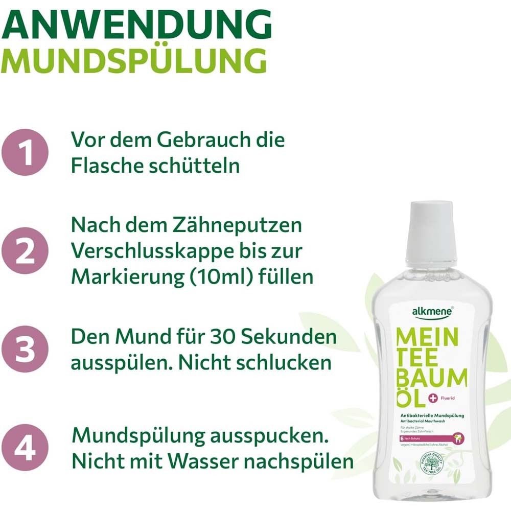 Anwendungshinweise: 1. Flasche schütteln. 2. Verschlusskappe füllen. 3. Mund 30 Sekunden spülen. 4. Ausspucken.