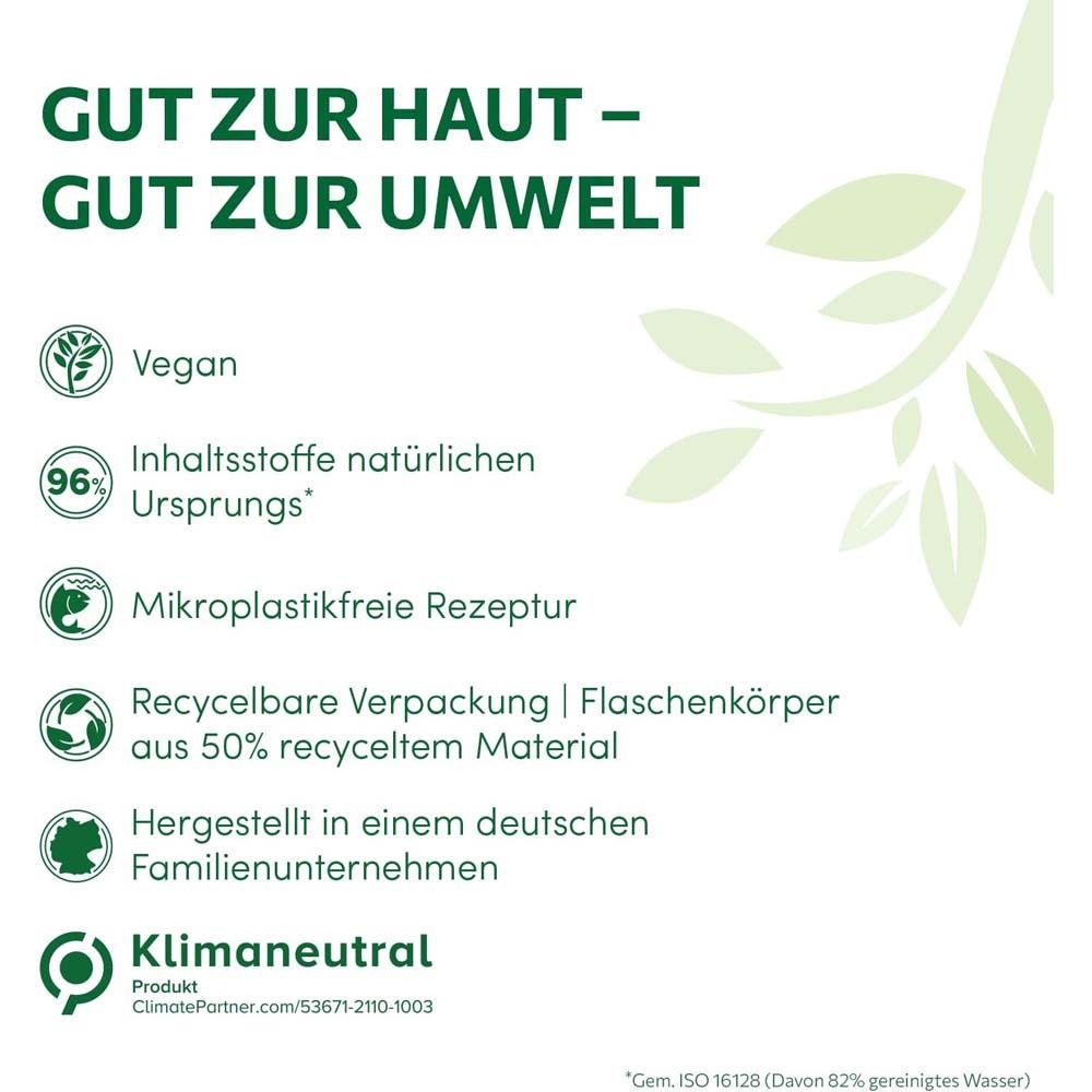 Vegan, 96% Inhaltsstoffe natürlichen Ursprungs, mikroplastikfreie Rezeptur, recycelbare Verpackung, klimaneutral.