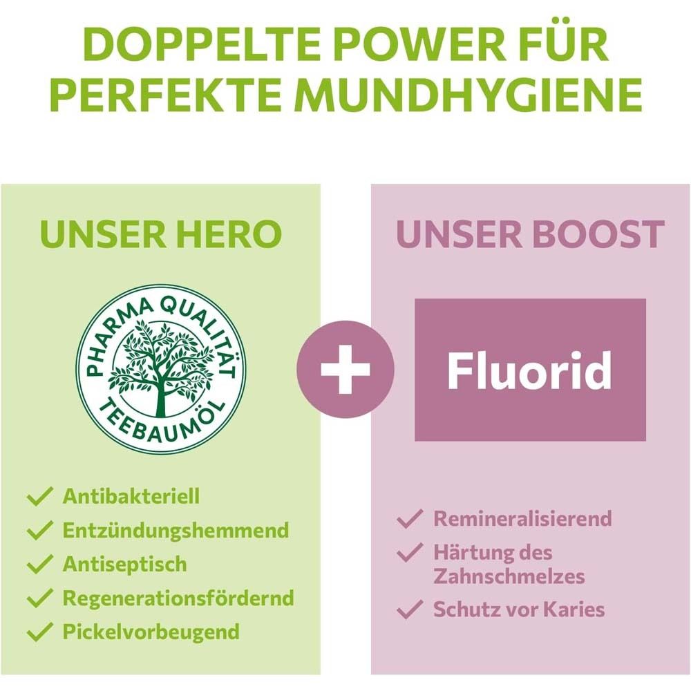 Unser Hero: Pharma Qualität Teebaumöl. Unser Boost: Fluorid. Vorteile: antibakteriell, entzündungshemmend, antiseptisch.