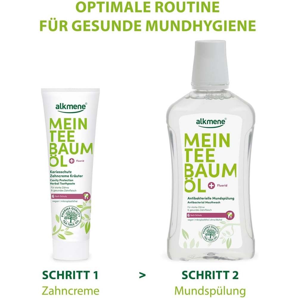 Zahnpasta und Mundspülung nebeneinander. Schritt 1: Zahnpasta. Schritt 2: Mundspülung. Optimale Routine für Mundhygiene.