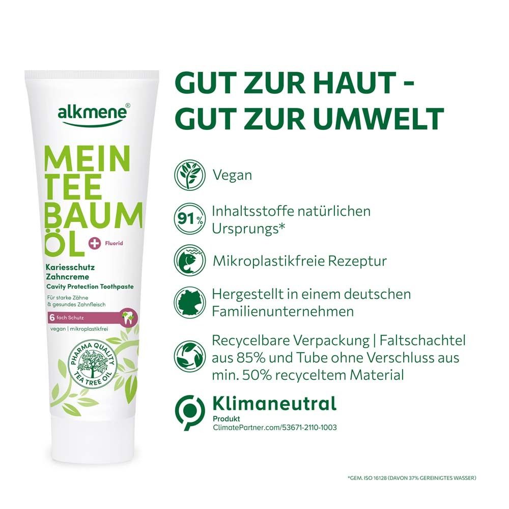 Zahncreme-Tube. Text: Gut zur Haut - gut zur Umwelt. Vegan, 91% natürliche Inhaltsstoffe, klimaneutral.