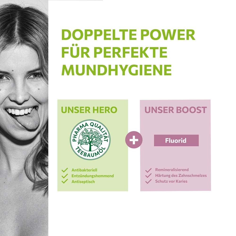 Frau mit Zunge. Text: Doppelte Power für perfekte Mundhygiene. Unser Hero + Fluorid.