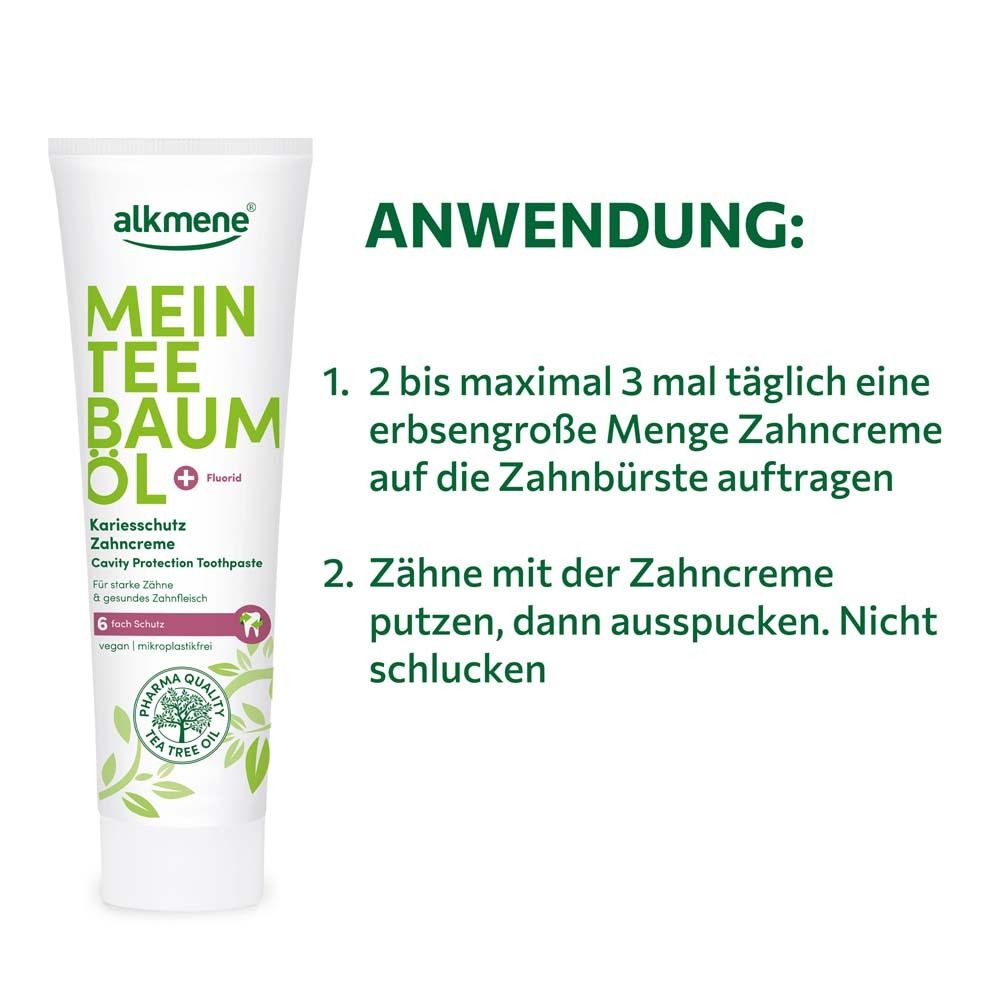 Zahncreme-Tube. Text: Anwendung: 2-3 mal täglich erbsengroße Menge auf die Zahnbürste auftragen.