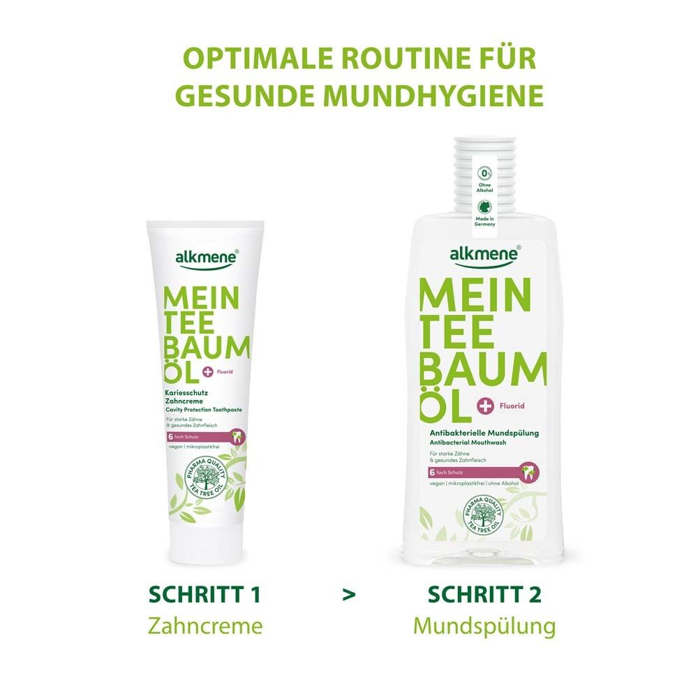 Zahncreme und Mundspülung. Text: Optimale Routine für gesunde Mundhygiene. Schritt 1: Zahncreme.