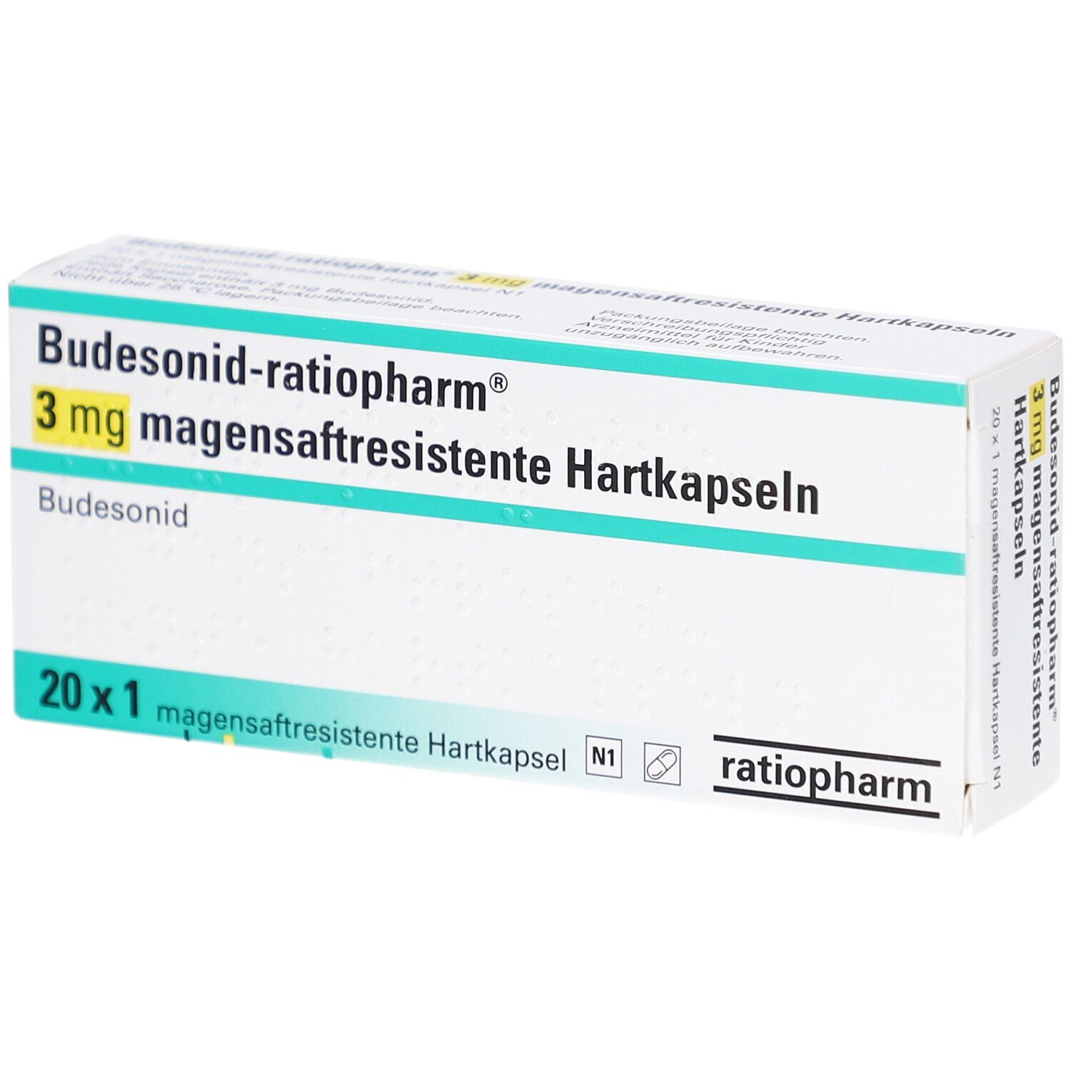 Weiße Schachtel mit grüner und blauer Schrift. Aufschrift: Budesonid-ratiopharm 3 mg magensaftresistente Hartkapseln. 20 x 1 Kapseln.