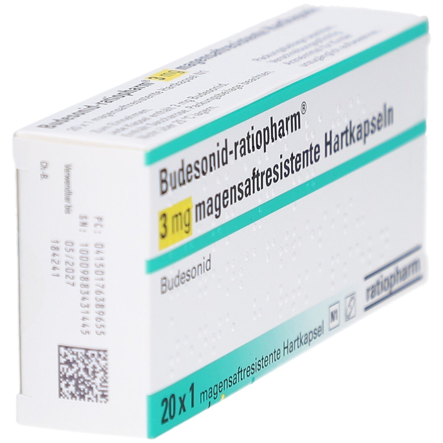 Weiße Schachtel mit grüner und blauer Schrift. Aufschrift: Budesonid-ratiopharm 3 mg magensaftresistente Hartkapseln. 20 x 1 Kapseln. ratiopharm Logo.