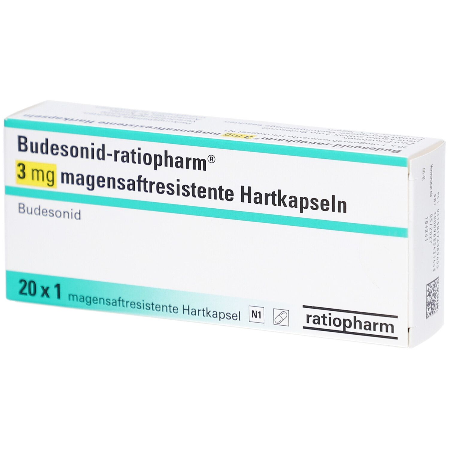 Weiße Schachtel mit grüner und blauer Schrift. Aufschrift: Budesonid-ratiopharm 3 mg magensaftresistente Hartkapseln. 20 x 1 Kapseln. ratiopharm Logo.