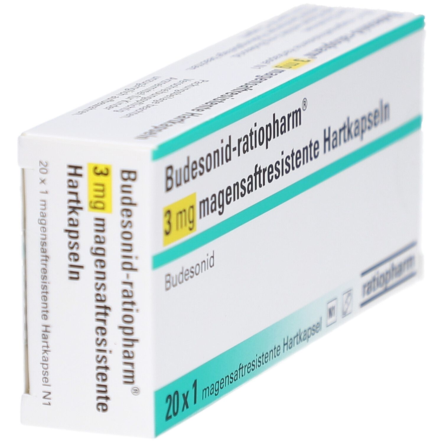 Weiße Schachtel mit grüner und blauer Schrift. Aufschrift: Budesonid-ratiopharm 3 mg magensaftresistente Hartkapseln. 20 x 1 Kapseln. ratiopharm Logo.